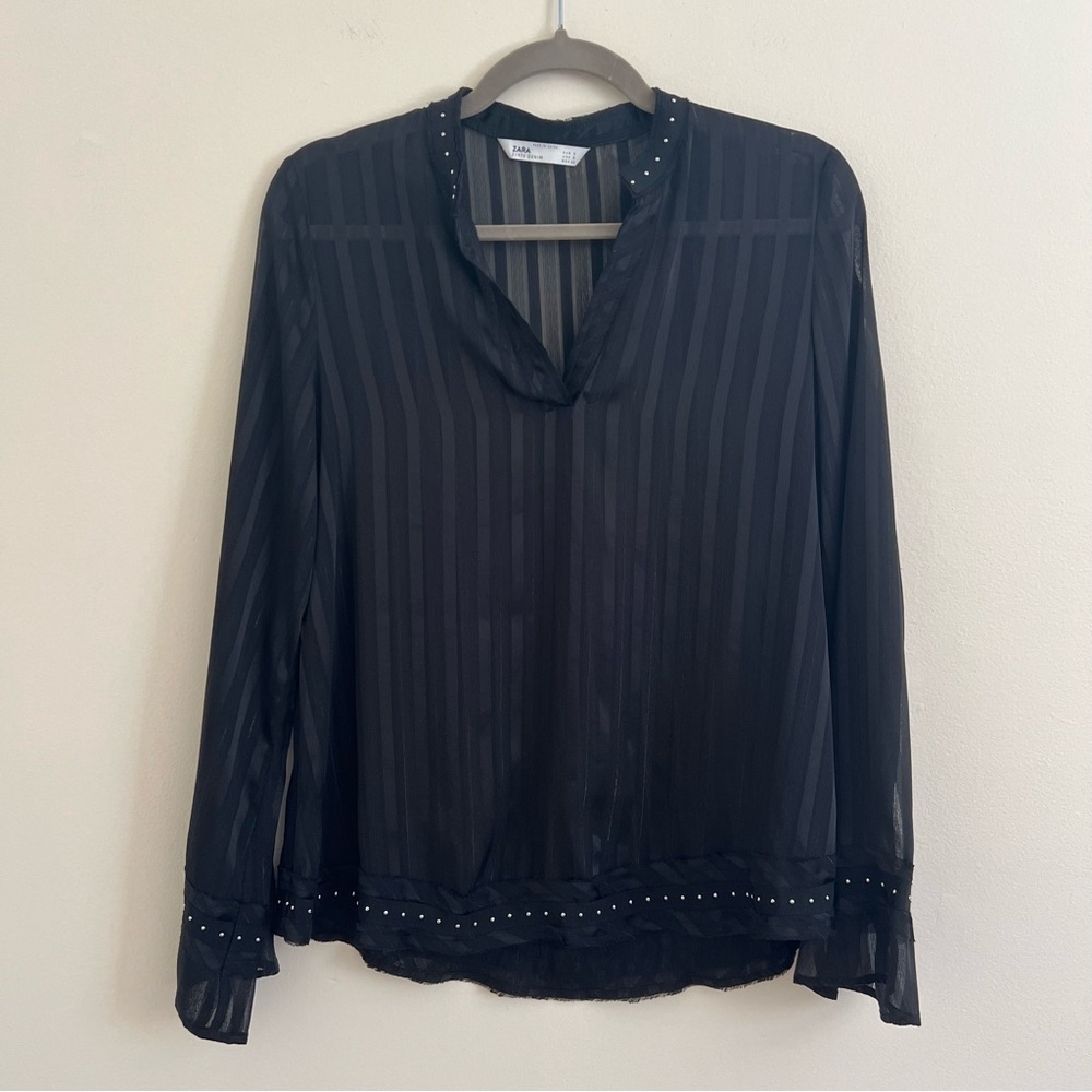 Zara Black Sheer Vertical-Striped Blouse with Stud Trim